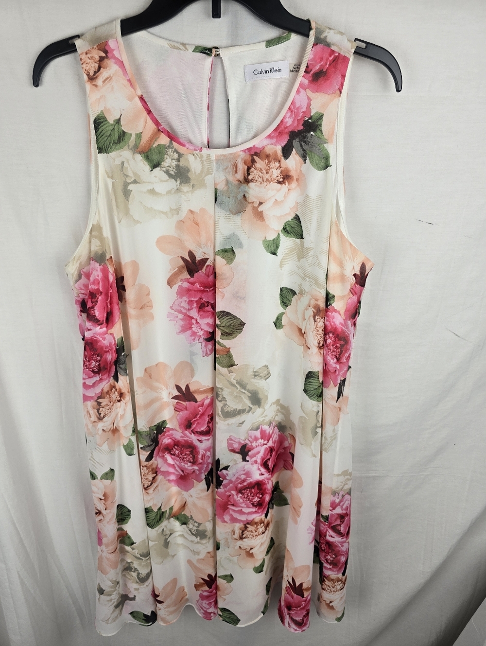 Calvin Klein Floral Sleeveless Pink & Cream Flowy Sheer Outer W/Slip Dress Sz XL